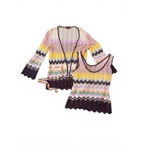 Missoni 2 Piece Set Tank Top & Cardigan Tie Wrap Waist Purple Multi Knit Sz 46